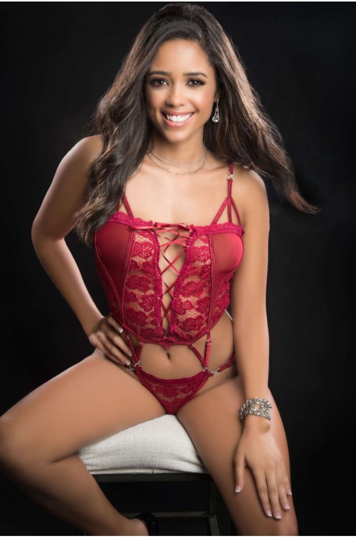 G World 1pc Butterfly Teddy with Daring Lace-Up Front & Thong See-Through Detail BL2086 Red Berry-RT
