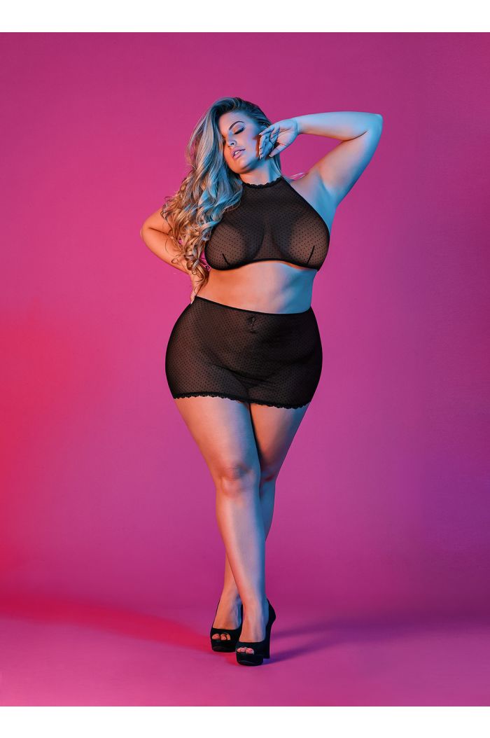Magic Silk Polka Dot Mesh Halter & Skirt Set Queen Black M197BLK2XL-RT