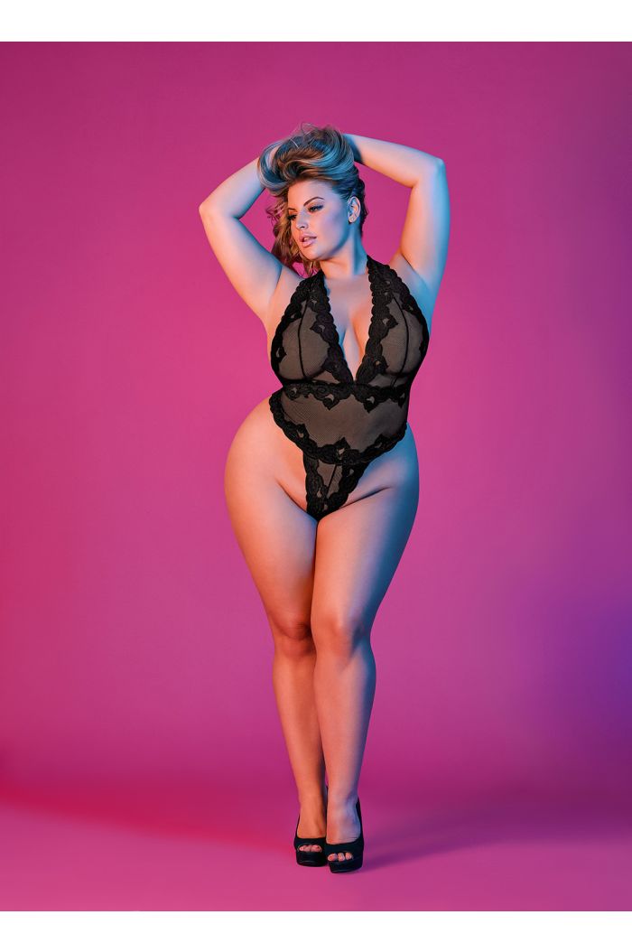 Magic Silk Deep Plunge Halter Teddy Queen Black M201BLK2XL-RT